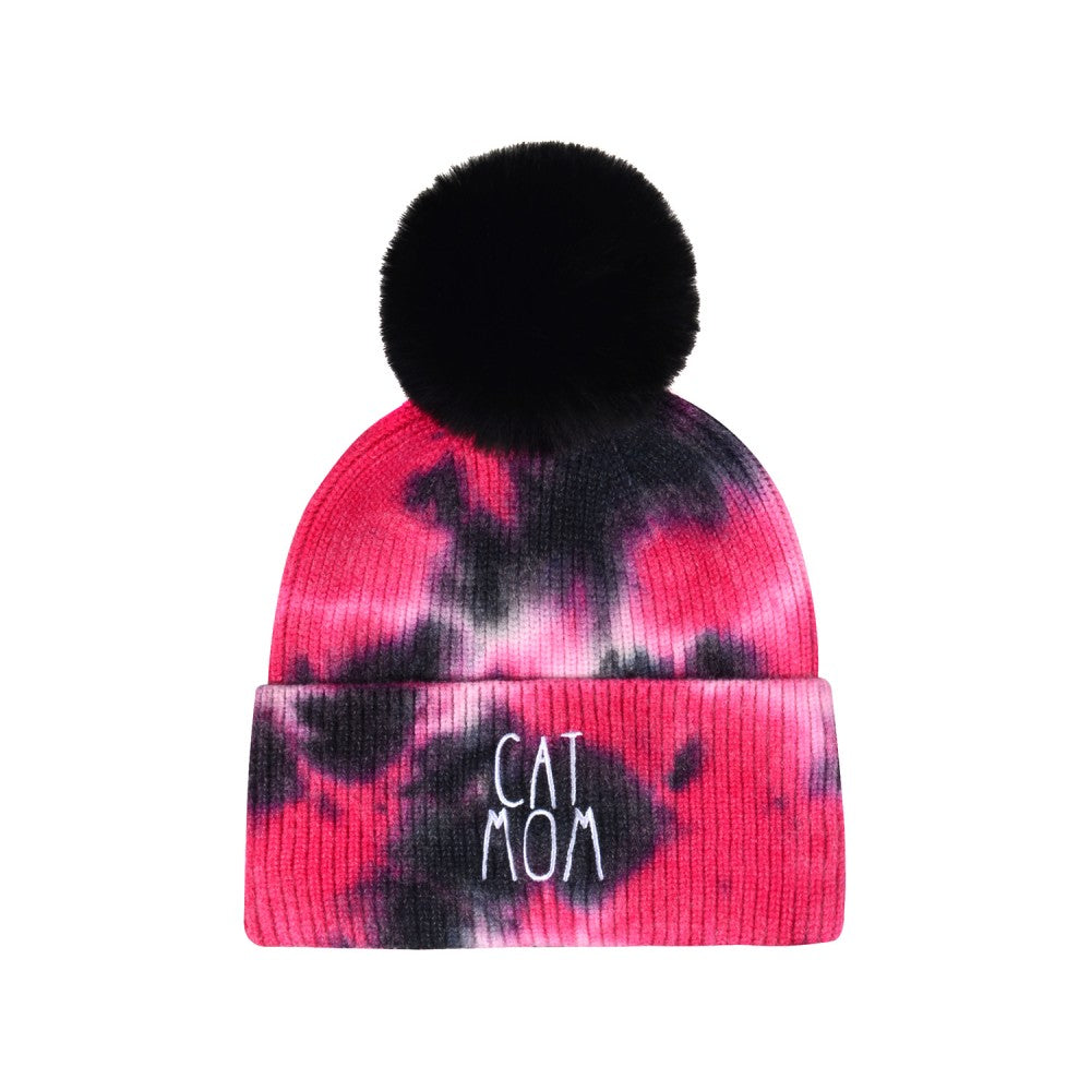 Tie Dye Cat Mom Pompom Beanie