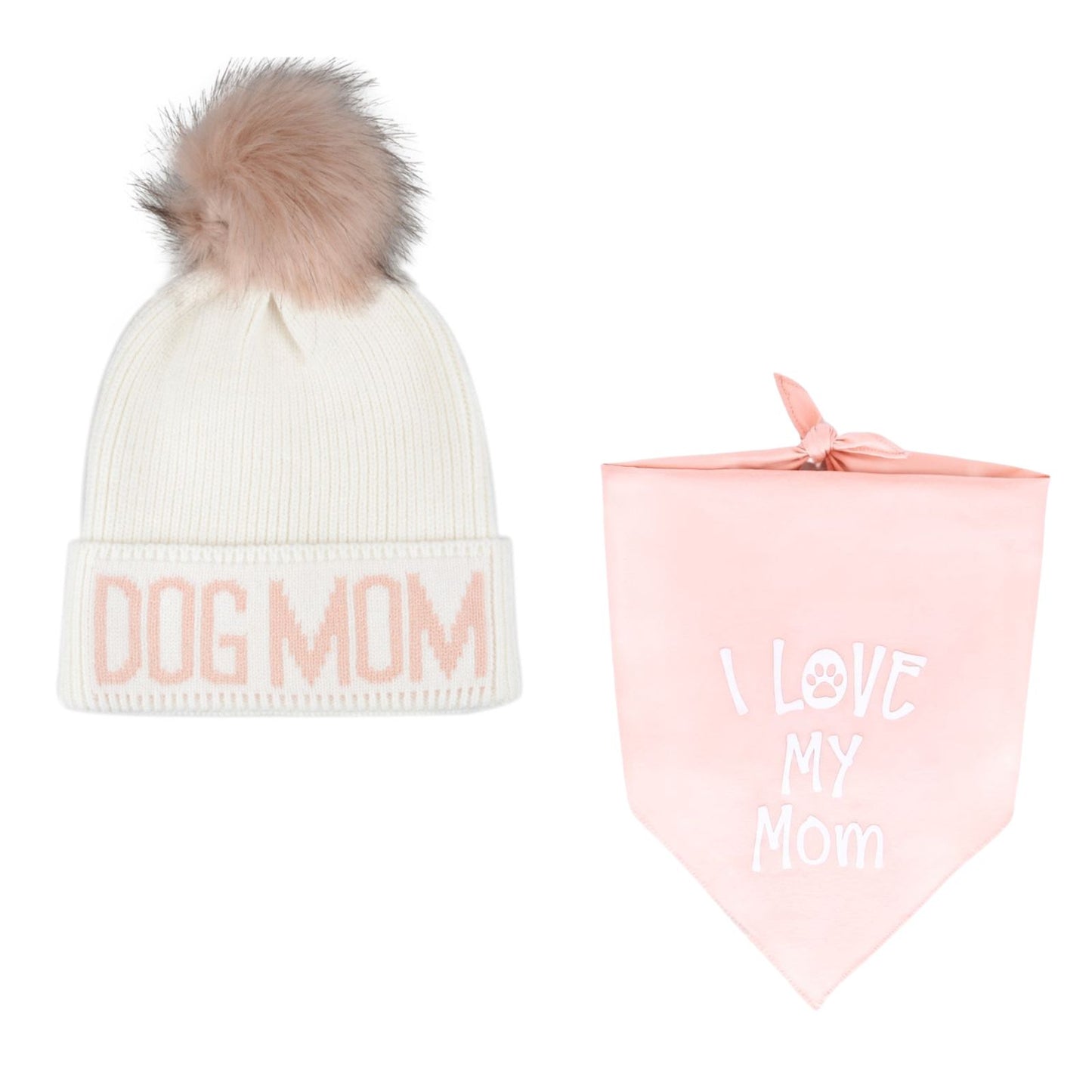 Dog Mom Gray Pink Beanie and "I Love My Mom" Bandana Set