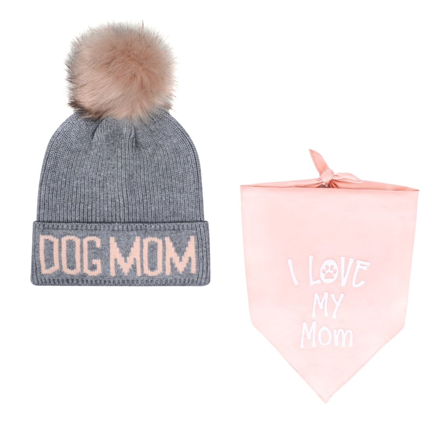 Dog Mom Gray Pink Beanie and "I Love My Mom" Bandana Set
