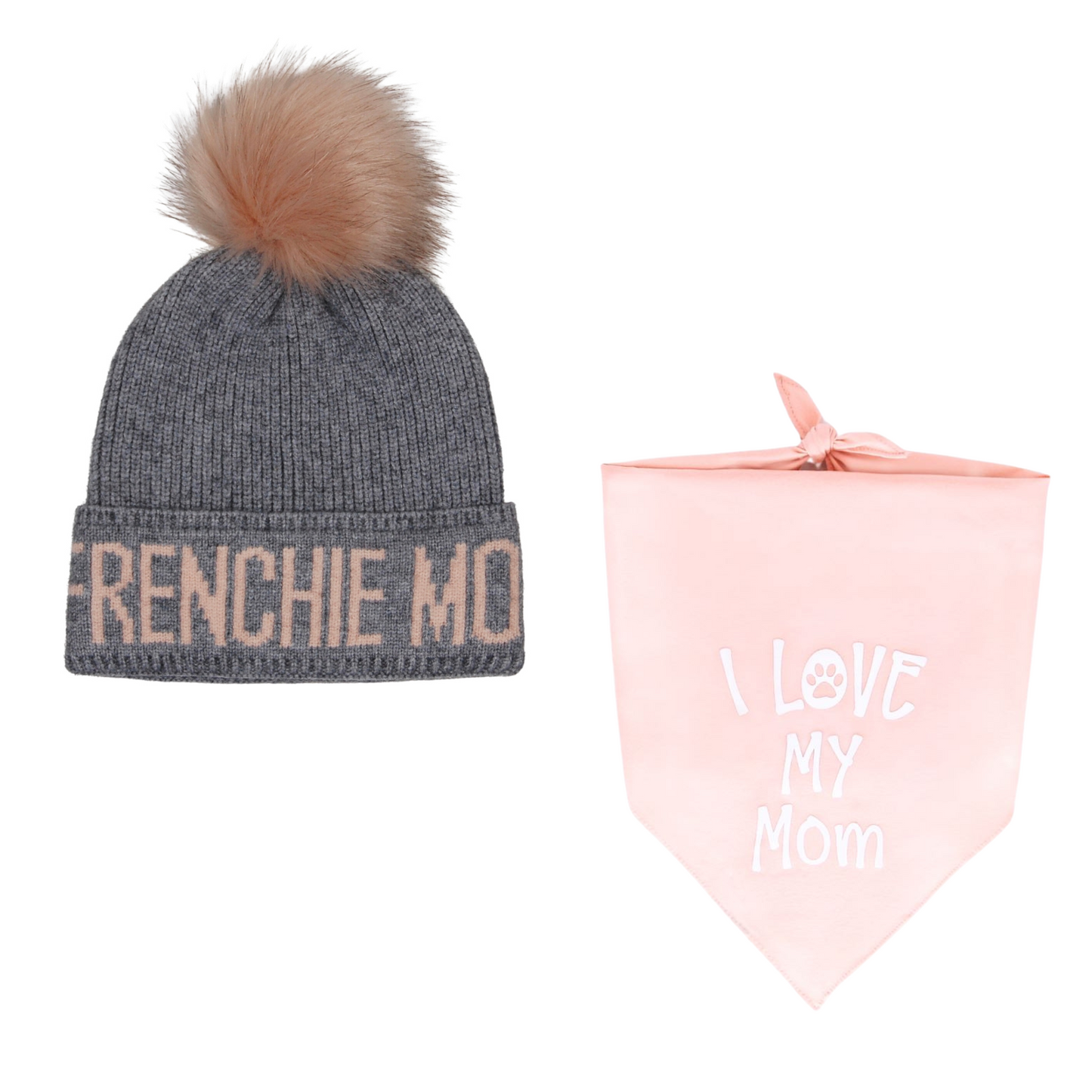 Valentine's Day Frenchie Mom Gray Pink Beanie and "I Love My Mom" Bandana Set