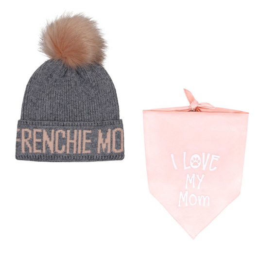 Frenchie Mom Gray Pink Beanie and "I Love My Mom" Bandana Set
